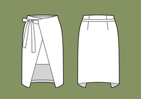 Skirt flat sketch template, modern skirt with straps clasp on rigth side. vector