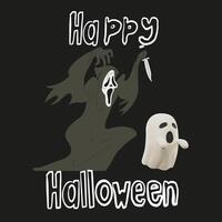 Spooky season illustration. Happy Halloween day. Creepy fictional characters. A vampire, a devil and a ghost. flat spooky characters vector