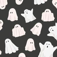 Happy Halloween day. Spooky season illustration on a black background. Halloween flat pattern. A set of cute ghosts in different poses vector