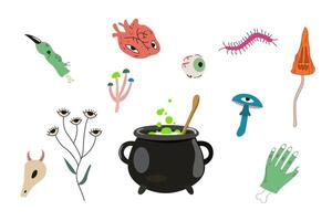Spooky season illustration. Halloween icon set. Happy Halloween day. Cauldron with green potion and various magical elements vector