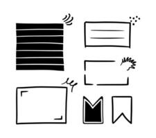 Doodle brackets for quotation with sparkle ray elements. Hand drawn square line frame for title headline illustration. Speech bubble blob for notes vector