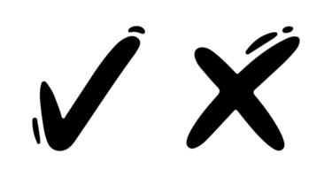 Check and cross mark. Hand drawn doodle sketch sign. Checkbox for vote, yes, no drawn concept vector