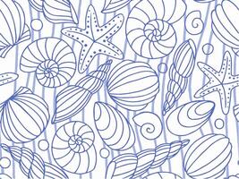 Bright seamless pattern with various blue shells and starfish on a white background. Image on a marine theme. vector