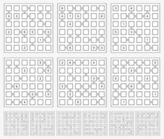 Futoshiki 5x5 puzzle set with solutions Futoshiki, or More or Less, is a logic puzzle game from Japan. Its name means inequality. vector