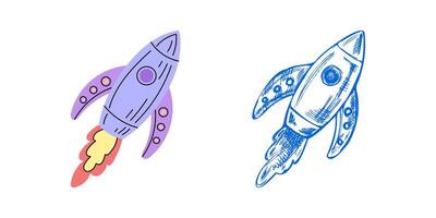 A flat school sketch-style illustration. A detailed sketch of the rocket in retro style. An element of a vintage sketch. Back to school. vector