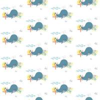 Seamless minimalist cartoon pattern, summer concept, sea or ocean with whale, corals, fishes, shells and bubbles. vector