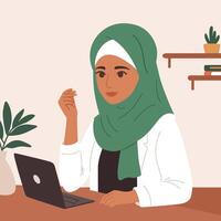 Flat green hijabi muslim women work at the office using casual clothes with a laptop illustration. vector