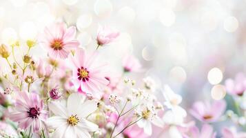 Delicate pink flowers in full bloom against soft dreamy background with bokeh lights create romantic and serene spring atmosphere. Summer nature background, copy space photo