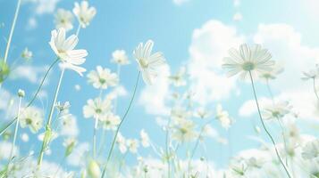 Daisies blooming under bright blue sky with fluffy clouds in background, concept for fun and serene summer day. Copy space, banner photo