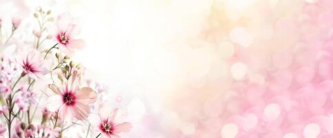 Delicate pink flowers in full bloom against soft dreamy background with bokeh lights create romantic and serene spring atmosphere. Summer nature background, copy space photo