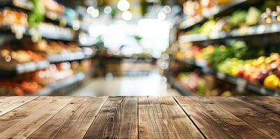 Empty wooden tabletop in front of colorful, blurred vegetable aisle in grocery store, perfect for displaying a product or advertising. Banner, copy space photo