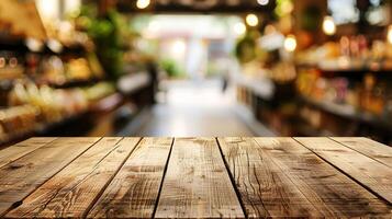 Empty wooden tabletop in front of colorful, blurred vegetable aisle in grocery store, perfect for displaying a product or advertising. Banner, copy space photo