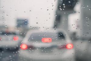 Rain drops on car window and lights. the bokeh image made with traffic and electric lights through the window of car on a rainy day. photo