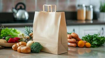 A plain paper bag on a kitchen counter with fresh groceries around, ready for branding designs photo