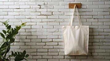 A blank tote bag hanging on a wooden hook against a white brick wall, perfect for custom design displays photo