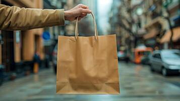 A plain shopping bag held by a hand against an urban street backdrop, ideal for logo showcases photo