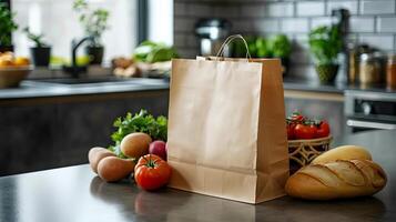 A plain paper bag on a kitchen counter with fresh groceries around, ready for branding designs photo