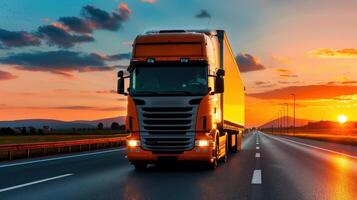 A vibrant sunset illuminates a truck driving on a highway, showcasing the beauty of transport and logistics in motion. photo
