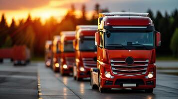 A convoy of red trucks on a scenic highway at sunset, showcasing transportation and logistics in a vibrant landscape. photo