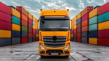 A bright yellow truck stands prominently among colorful shipping containers, symbolizing logistics and transportation efficiency. photo