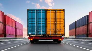 Colorful shipping containers on a truck, transporting goods along a vibrant road under a beautiful sky. photo