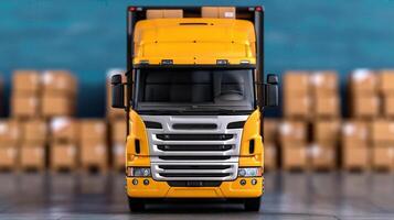 A vibrant yellow delivery truck parked in a warehouse, surrounded by stacked boxes, ready for shipment and logistics operations. photo
