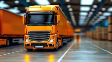 A vibrant orange truck parked in a spacious warehouse, showcasing transportation and logistics in a modern setting. photo
