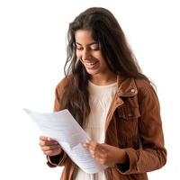 Female College Student Looking at a Document with Happy Face photo