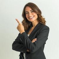 Beautiful Office Lady Smiling to The Camera While Pointing Finger to The Side photo