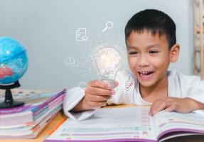 Education concept, Smart kid against green blackboard, Boy holding a bright light bulb to represent new creativity, Idea and creativity concept, Copy space for your text. photo