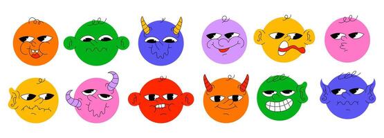 Round abstract comic Faces with various Emotions. Crayon drawing style. Different colorful characters. Flat design. Hand drawn trendy illustration. Every face is isolated vector