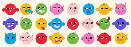 Round Abstract Comic Faces with Different Emotions. Various colorful characters. Flat design. Set of emoticons. vector