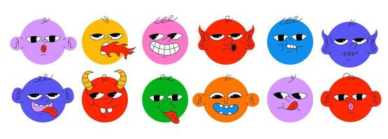 Round Abstract Comic Faces with Different Emotions Colourful modern illustration with shapes happy sad angry smile faces for children. Flat design. Set of emoticons. vector