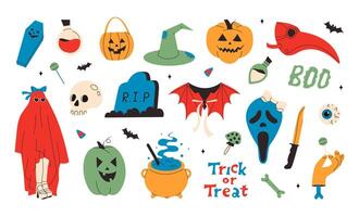 Happy Halloween set of elements, ghost, pumpkin, hat, candle, skull, eye, grave, zombie hand. Cute set in hand drawn style. is cute illustration in hand drawn style. vector