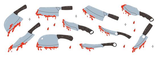 Set bloody knifes. Murder weapon with red blood stains. Criminal illustration. Clipart image isolated on white background vector