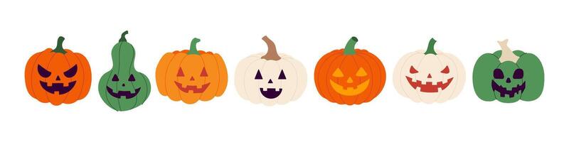A row of pumpkins with different expressions, including one with a smile and one with a frown vector