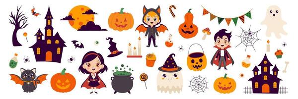 A Halloween themed image featuring a variety of characters and objects such as witches, ghosts, pumpkins, and a castle vector