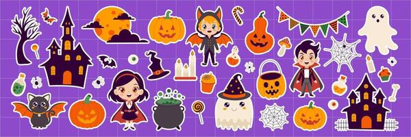 A purple background with Halloween decorations including a pumpkin, a ghost, a witch, a vampire, and a castle vector