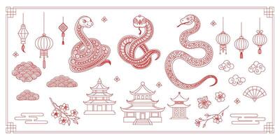 Lunar Chinese New Year gold icons set. A red background with a snake, flower, clouds, lantern vector