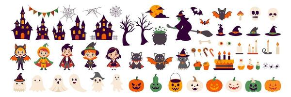 Halloween themed characters and objects. The image is a collection of Halloween characters and objects, including witches, ghosts, pumpkins, and other spooky items. Scene is festive and playful vector