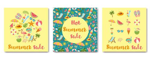 Three summer sale posters with a tropical theme. The posters feature a variety of beach and pool accessories, such as umbrellas, chairs, and sunglasses vector