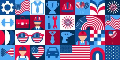 Happy Labor Day icons elements with geometric pattern.A colorful collage of American icons including a man in a tie, a car, a hammer, a wrench, a book, a baseball bat, a firework, a hammer, a wrench vector