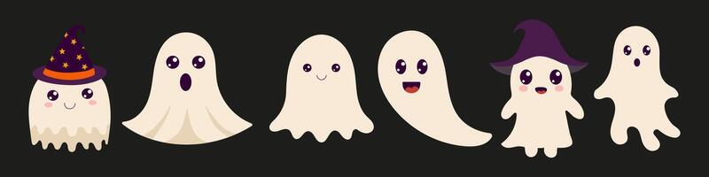 A group of cartoonish Halloween ghosts are lined up on a black background. The ghosts are all smiling and wearing hats, and they are all different sizes vector