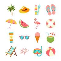 A collection of colorful beach-related icons, including a flamingo, a watermelon, a beach umbrella, and a surfboard vector