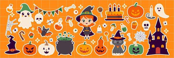 Halloween themed stickers with a witch, pumpkin, cat, and other Halloween decorations. The stickers are colorful and fun, and they create a festive mood vector