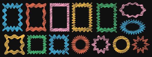 Set of groovy draw wavy frame. Round and multicolor textured rectangle elements. Star burst shape tags. Rectangle boxes with curvy wiggly isolated on black background. vector