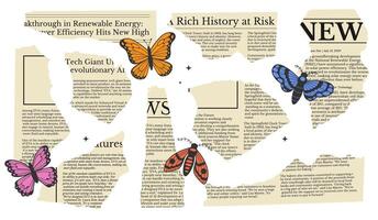 Set of old torn piece newspaper page with butterfly. Torn paper of different in trendy collage style. Elements for scrapbooking. vector