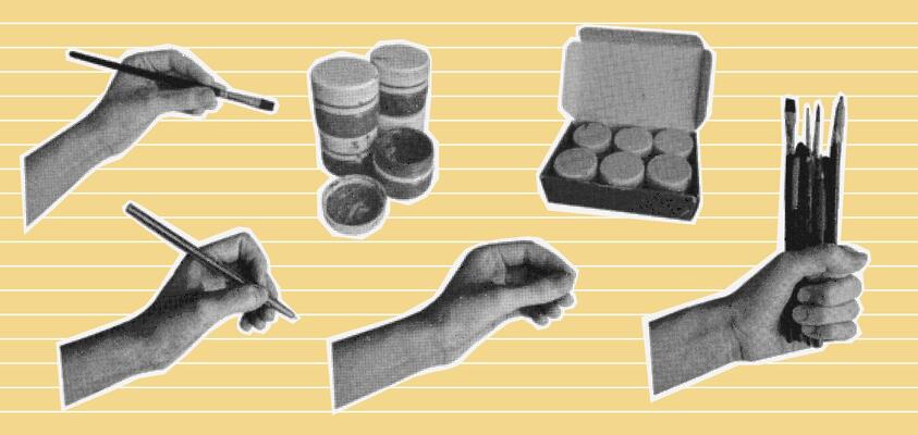 Set of halftone hand hold brush, pen. Education concept. Cut-out paint. Writing with pencil isolated on white background retro grunge