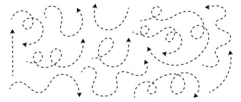 Set of curved dotted arrow. Zigzag arrow stripes in doodle outline style. Wavy line trip on isolated style vector