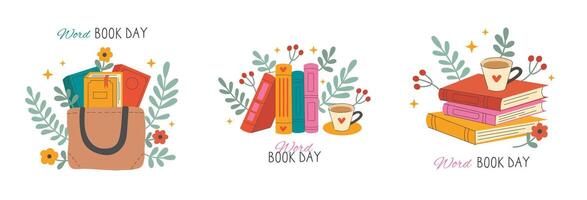 set of book stacks in flat style. Books day word. books in the bag. book lover's day vector